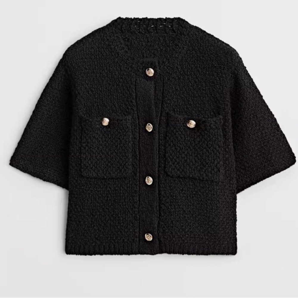 Massimo dutti Black Textured Bouclé Cardigan with Gold Buttons
